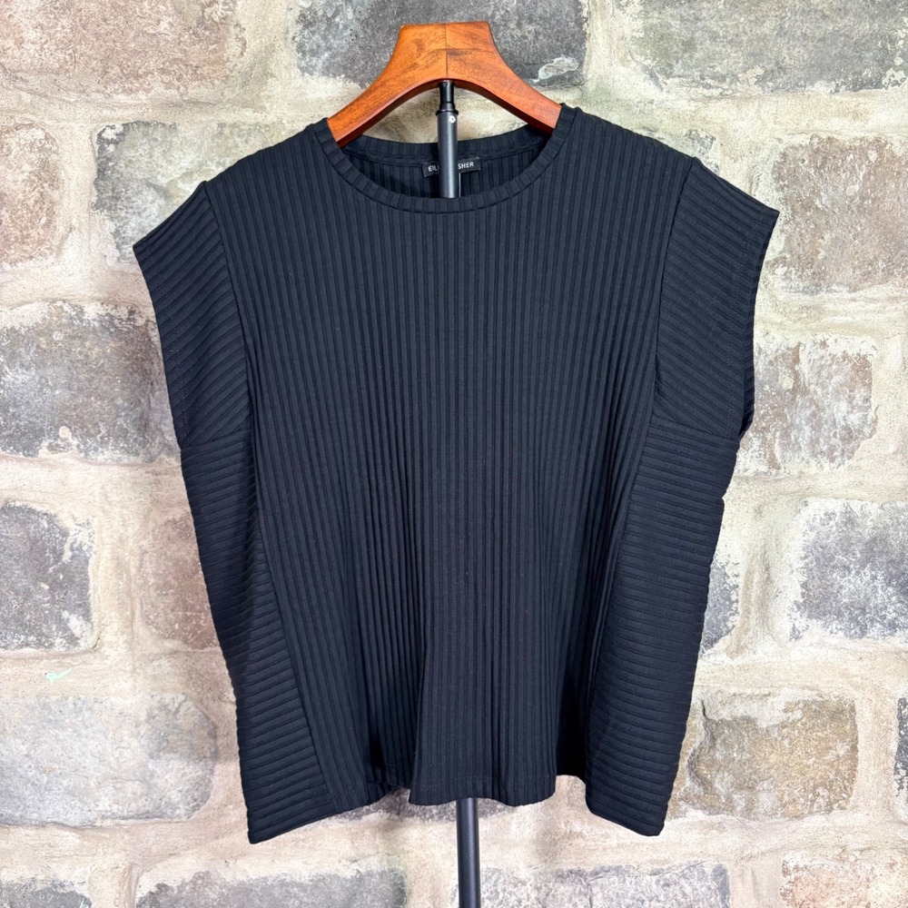 Eileen Fisher Womens Black Ribbed Tencel Round Neck Top XS NWT Boxy Oversized